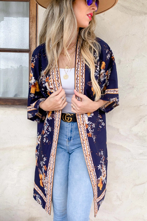 Navy Floral Border Printed Kimono Cardigan Cover Up