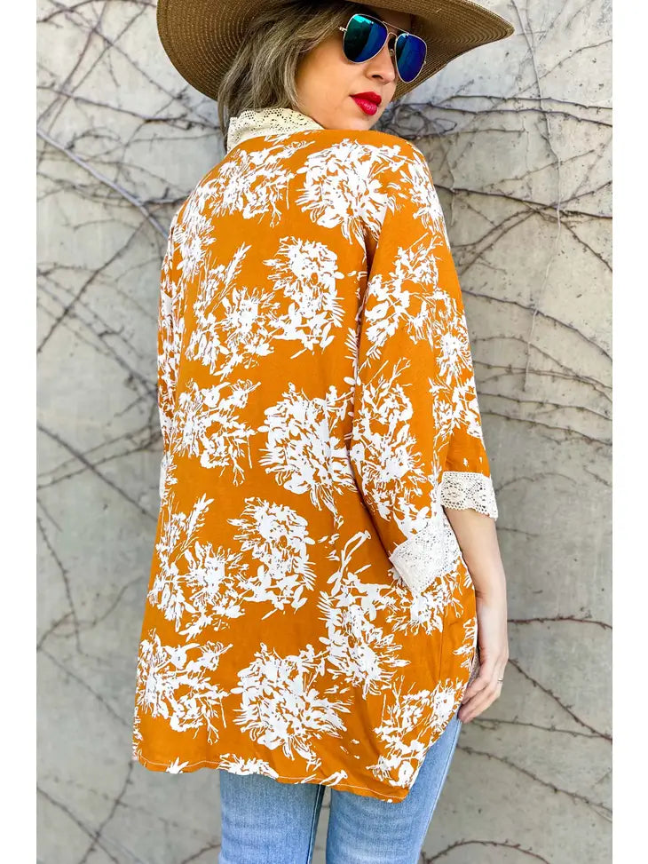 Copper floral print lace Kimono Large