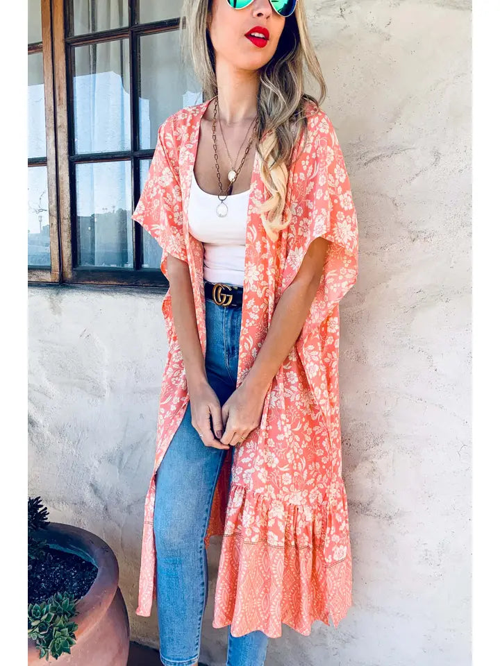 Peach Floral Printed Ruffle Bottom Kimono Cardigan