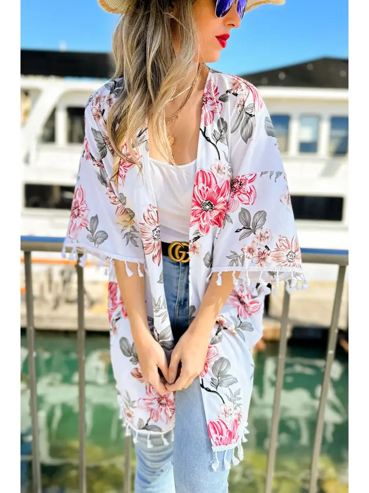 White Multi Floral Printed Kimono Cardigan with Tassel