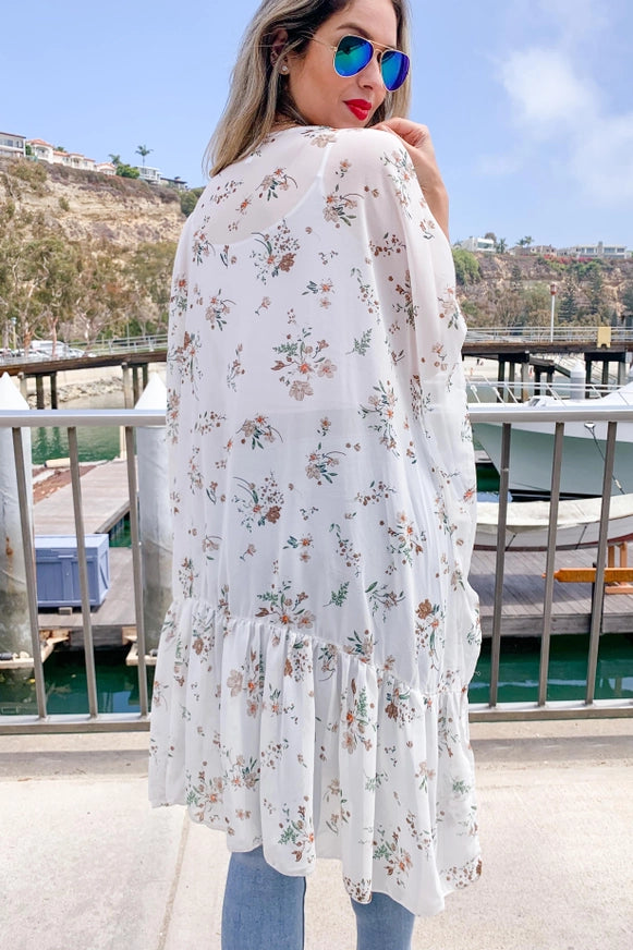 KIMONO Ivory Floral Printed Ruffle Bottom Chiffon Kimono Cover Up