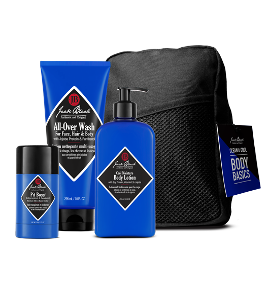 The JACK BLACK Clean & Cool Body Basics Set is a popular gift set from the Jack Black brand, known for its high-quality skincare and grooming products. Front