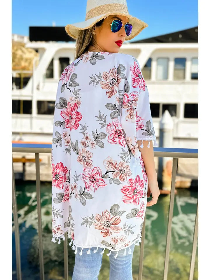 White Multi Floral Printed Kimono Cardigan with Tassel