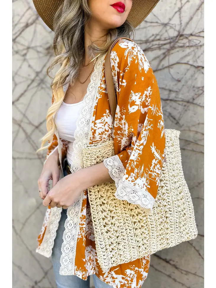 Copper floral print lace Kimono Large