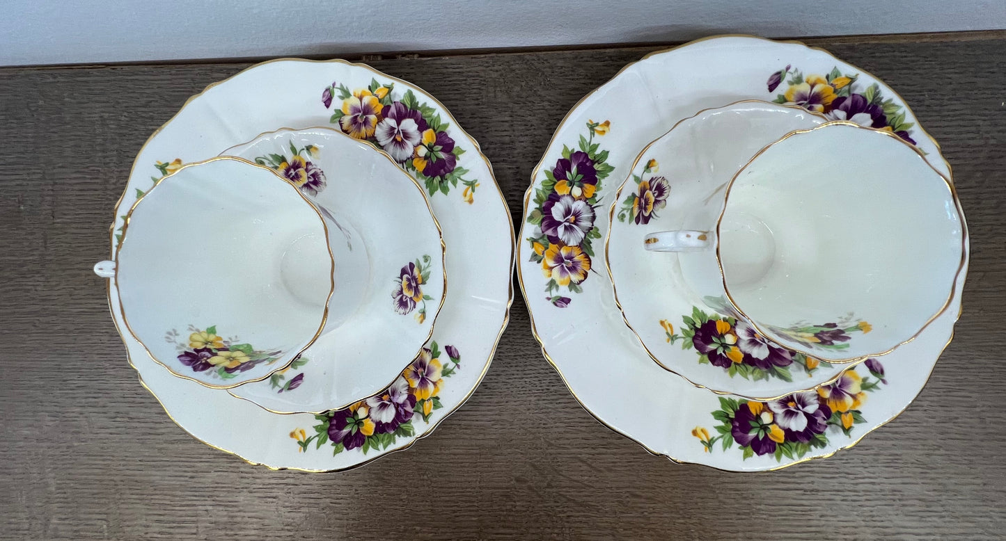 OLD ROYAL BONE CHINA PANSIES TEA CUP, SAUCER & DESERT PLATE