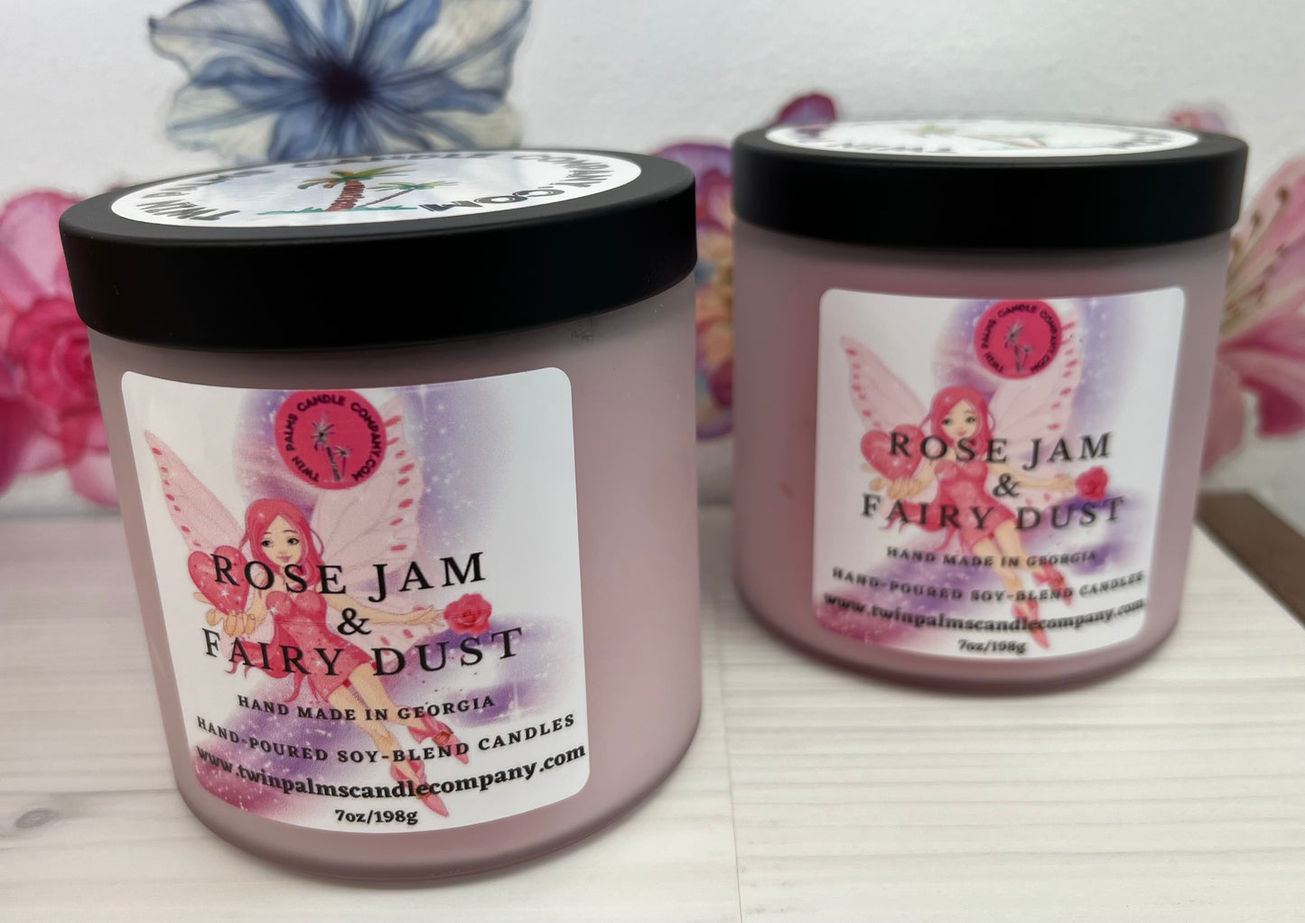 White jar of Rosejam & Fairy Dust scented candle from The Bubble Bath Shop, showcasing the elegant candle container.