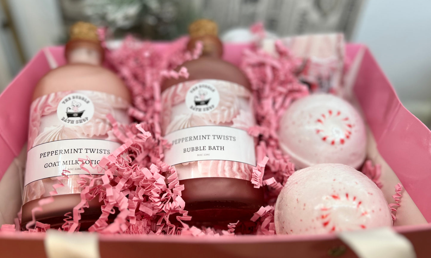 Peppermint Twists Bubble Bath gift set by The Bubble Bath Shop featuring multiple bottles in a colorful packaging.
