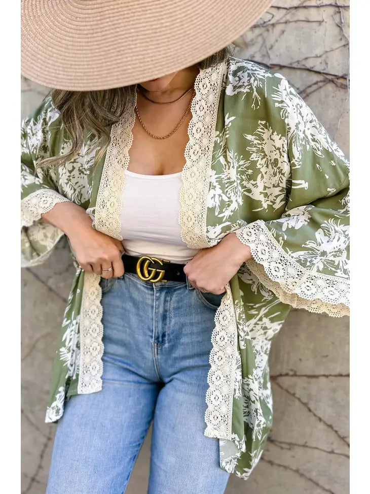 Olive Floral Print Lace Detail 3/4 Sleeve Kimono Cardigan