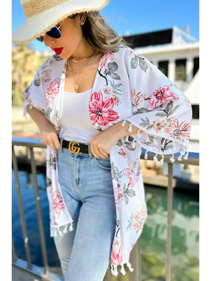 White Multi Floral Printed Kimono Cardigan with Tassel