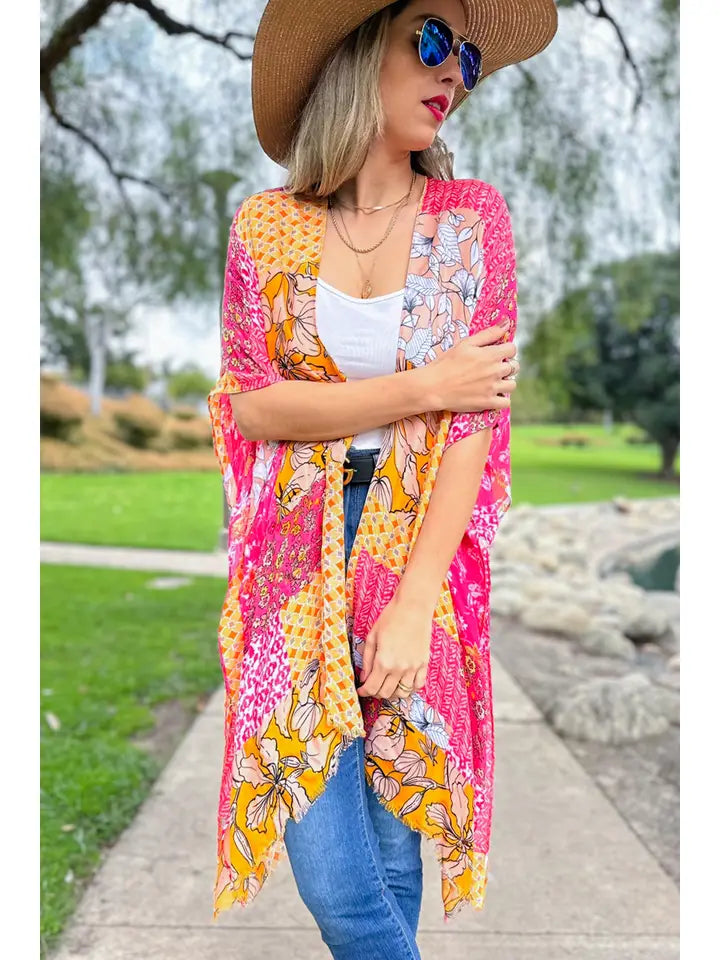 Multi Patchwork Printed Kimono Cover Up