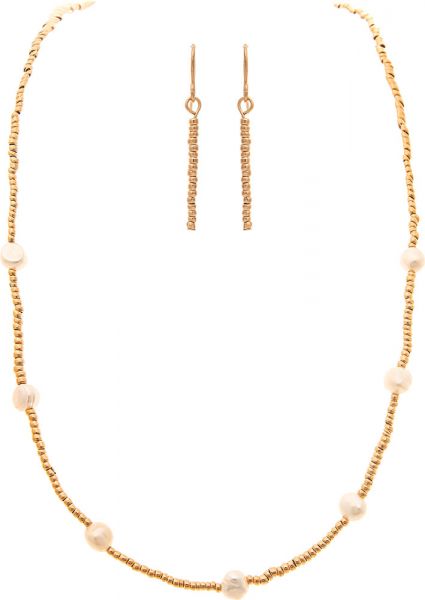 Gold Seed Bead White Pearl Necklace Set