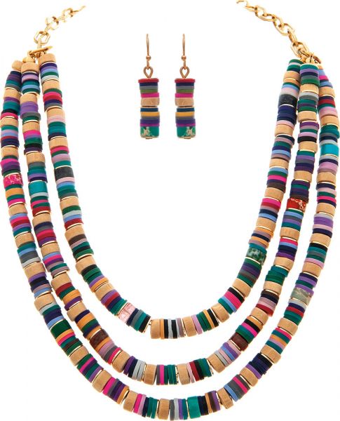 Unique Gold Three Row Multicolor Rubber Disc Necklace Set