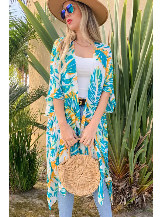 Green Palm Tree Printed Kimono Cardigan