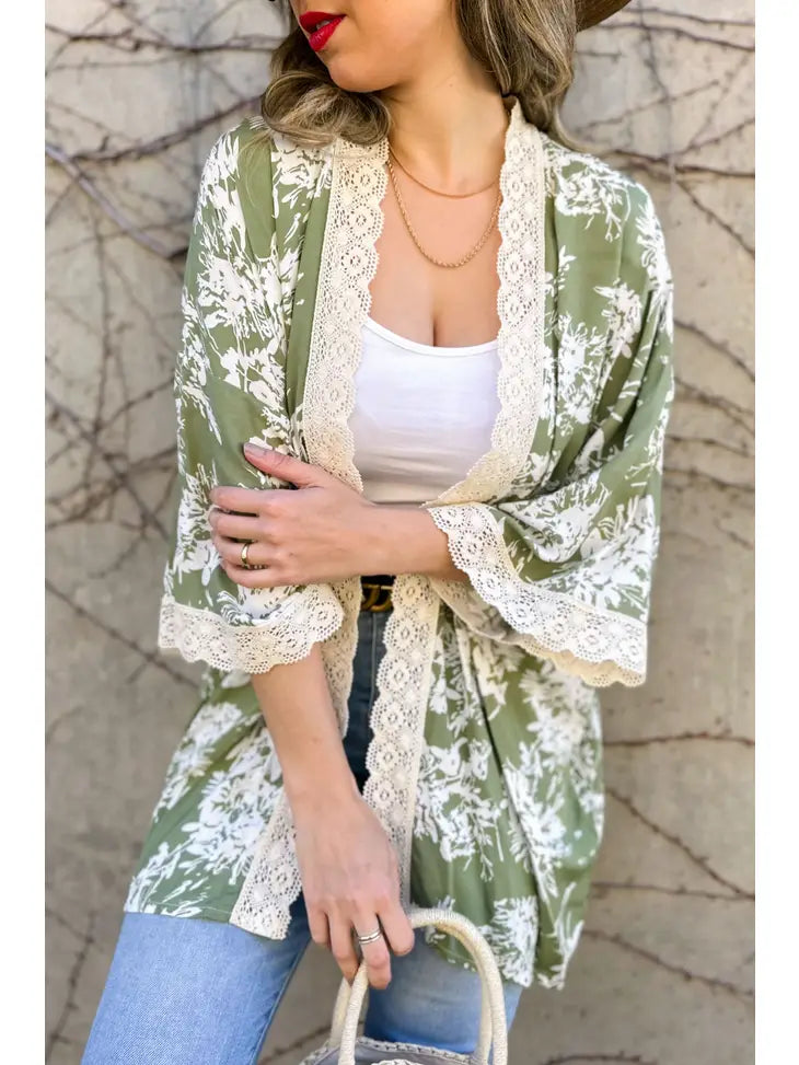 Olive Floral Print Lace Detail 3/4 Sleeve Kimono Cardigan