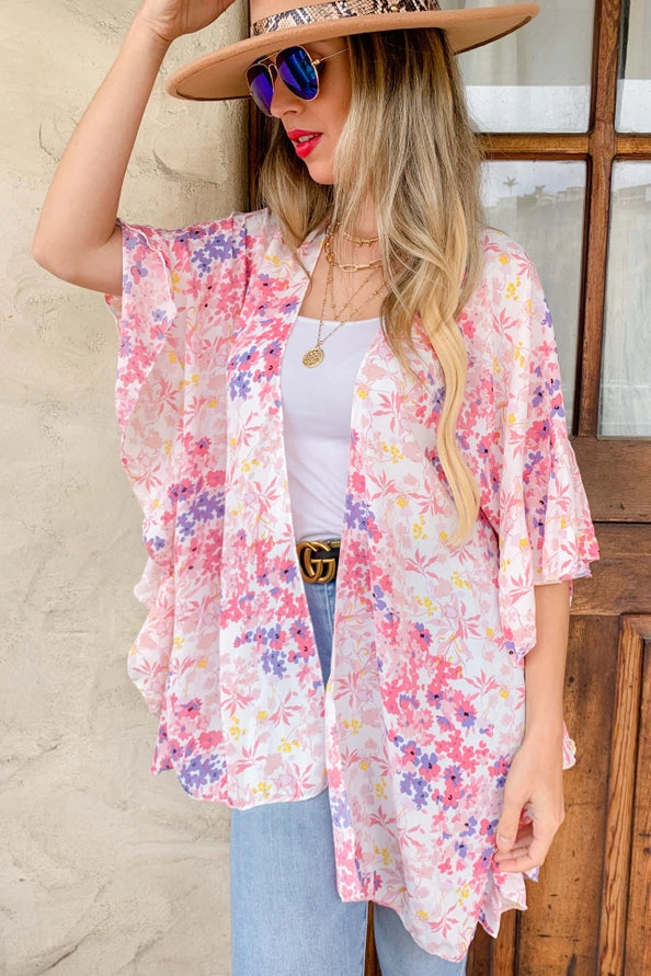 Pink Floral Printed Ruffle Sleeve Kimono Cardigan Cover Up