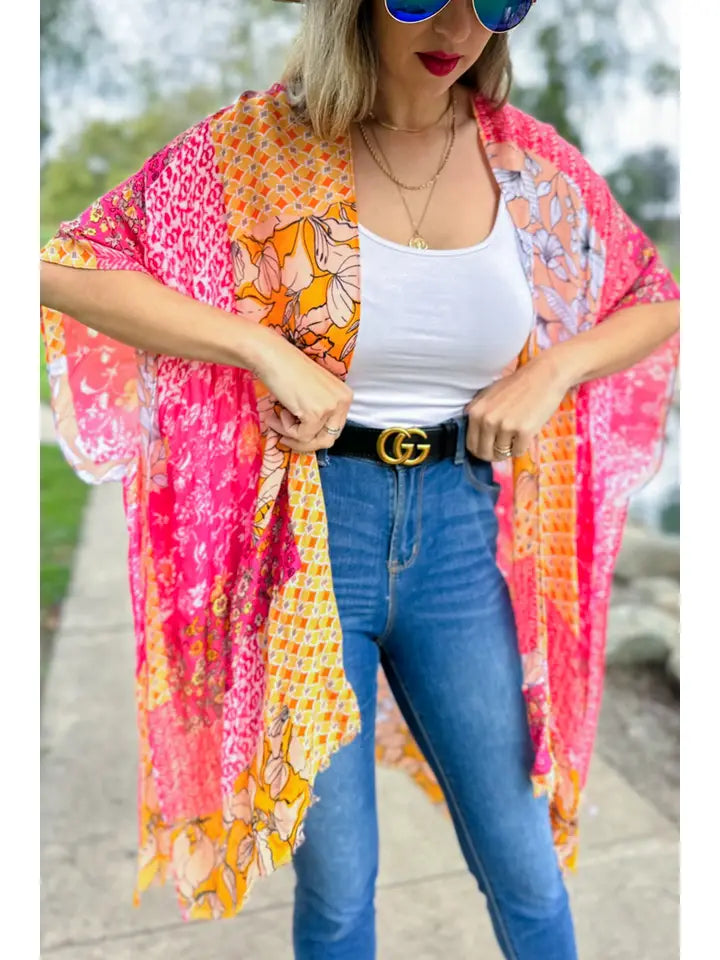 Multi Patchwork Printed Kimono Cover Up