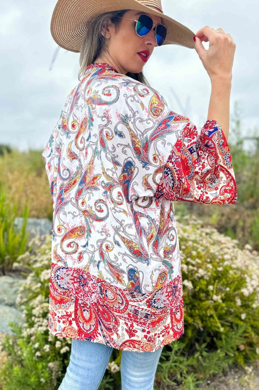 Red Multi Paisley Border Printed Kimono Cardigan