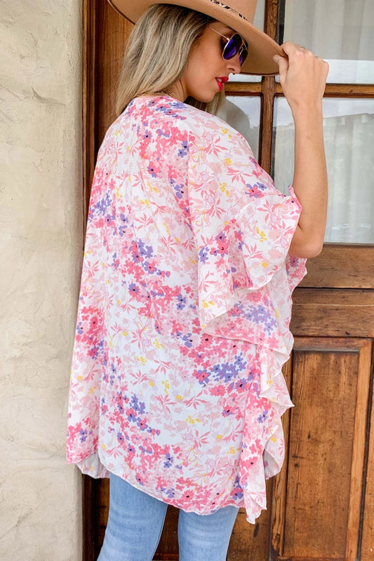 Pink Floral Printed Ruffle Sleeve Kimono Cardigan Cover Up