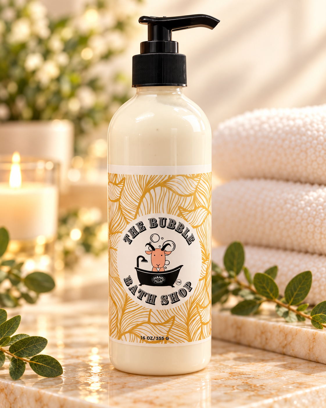 Creamy vanilla bean goat milk lotion in a 16oz jar, nourishing skincare by The Bubble Bath Shop with a smooth, rich texture.
