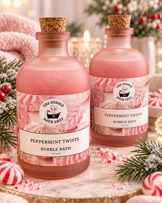 Peppermint twists bubble bath lotion by The Bubble Bath Shop, 8oz bottle with peppermint scent and colorful packaging.