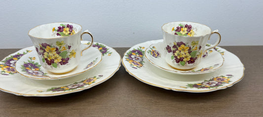 OLD ROYAL BONE CHINA PANSIES TEA CUP, SAUCER & DESERT PLATE