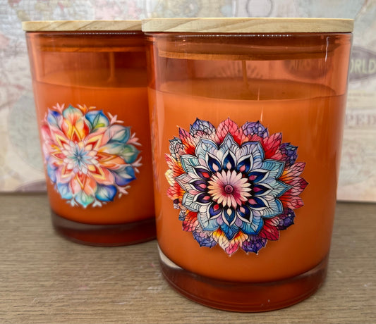 Peach Bellini candle  front glass jar in Orange