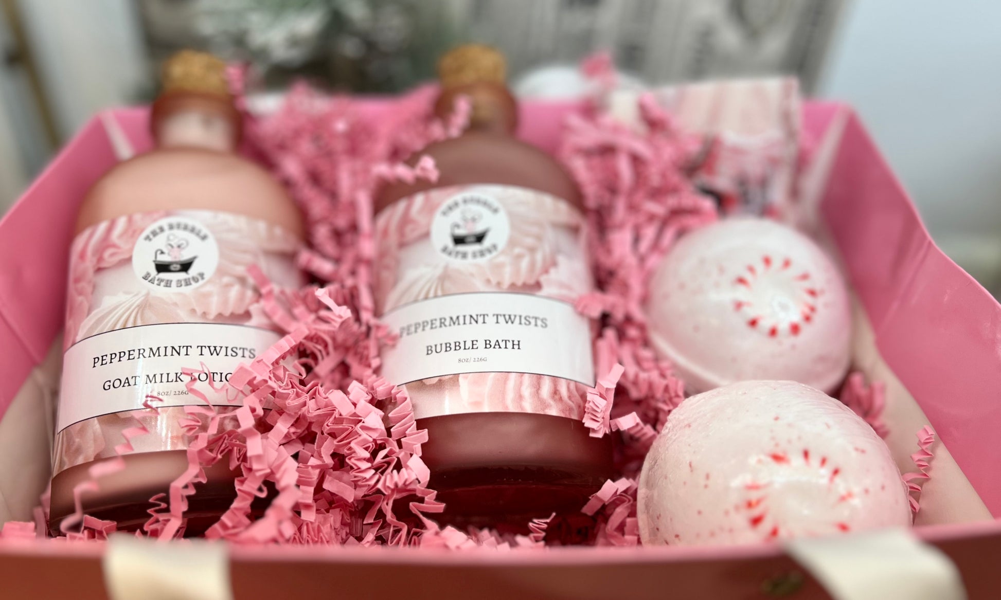 Peppermint Twists Bubble Bath gift set by The Bubble Bath Shop featuring multiple bottles in a colorful packaging.