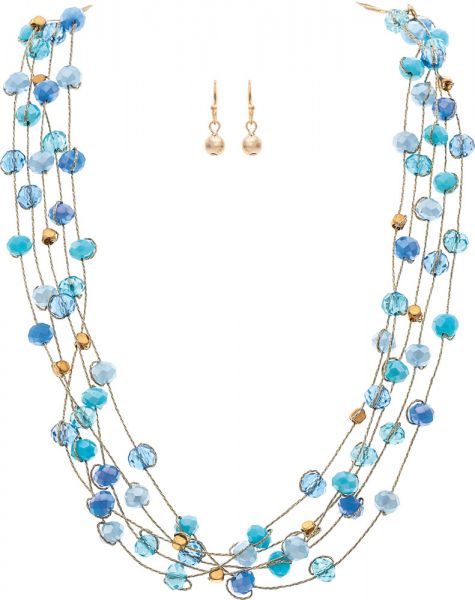 Blue Multicolor Glass Bead Cord Necklace Set