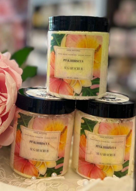 Pink Hibiscus  Foaming Sugar Scrub  three jars stacked