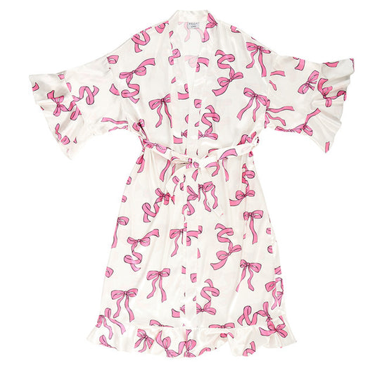 Bella Sleep & Spa Long Ruffled Robe Pink Bows LG/ Extra LG