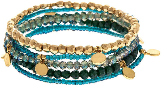 Gold Multi Blue Bead Bracelet Set