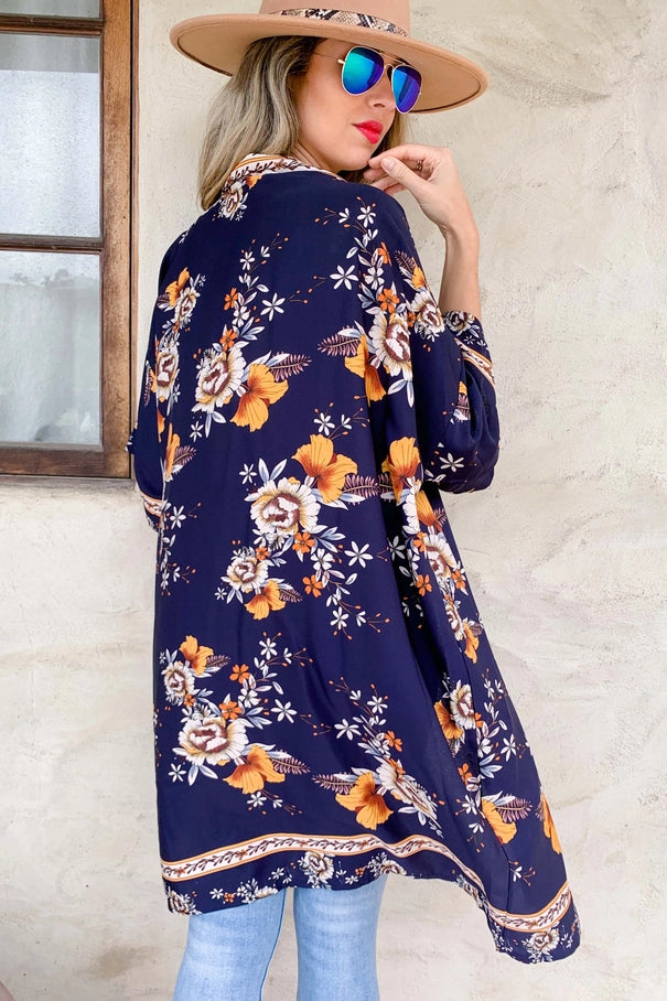 Navy Floral Border Printed Kimono Cardigan Cover Up