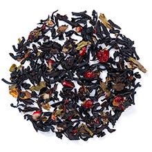 Black tea with candy cane flavor from The Bubble Bath Shop, featuring a festive candy cane image and dark, aromatic tea leaves.