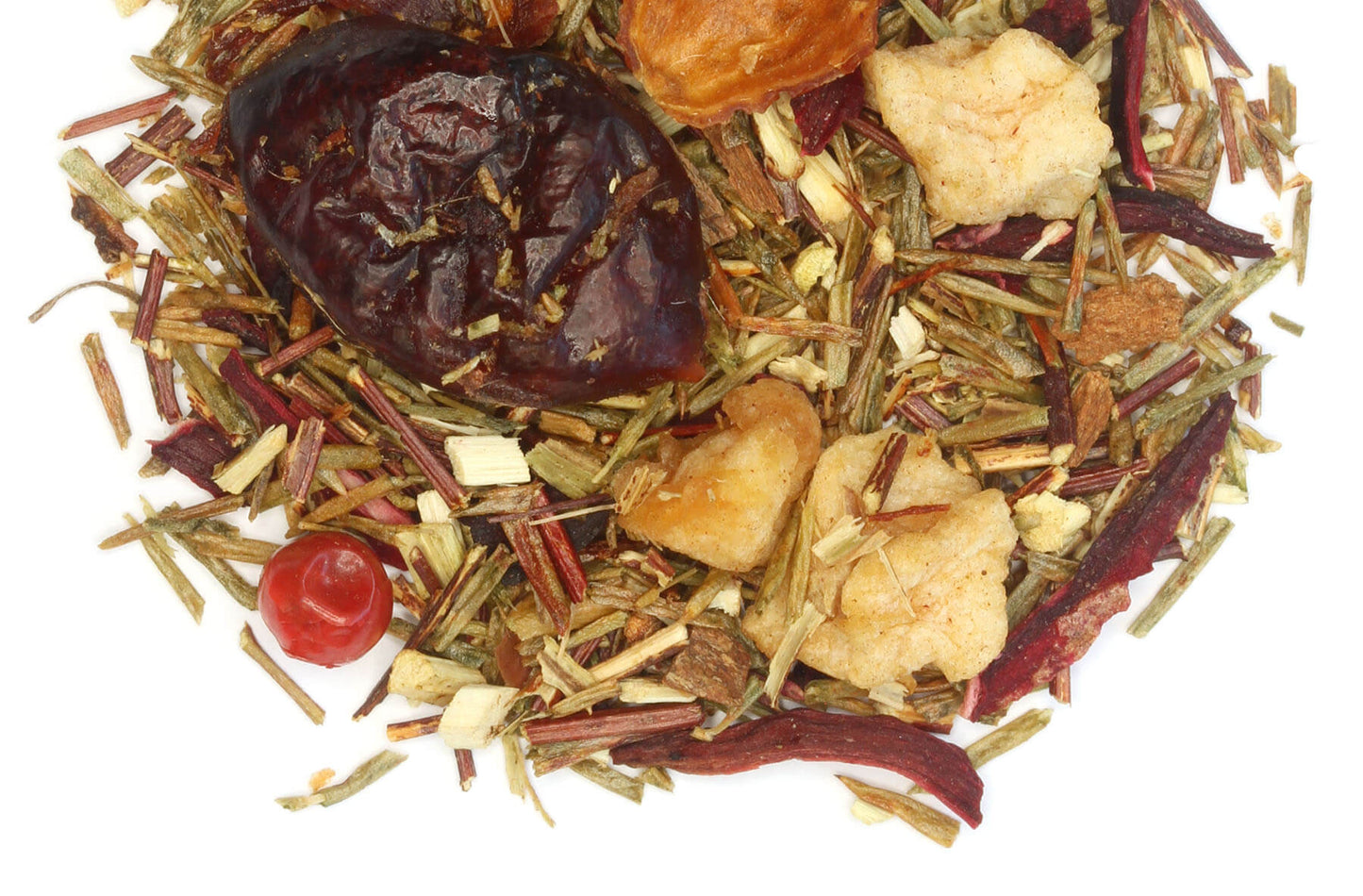 Creamy cranberry and green tea flavor tea in a 1 oz package, featuring fresh cranberries and green tea leaves.