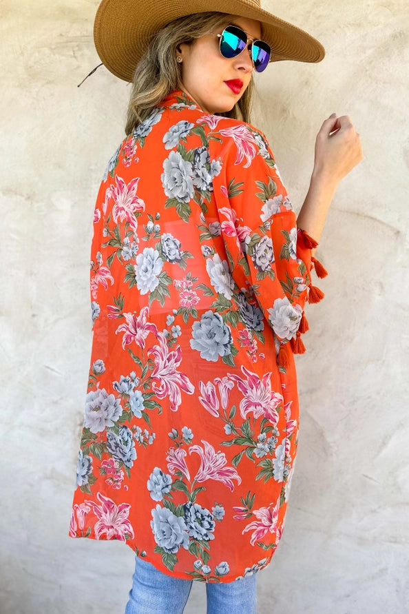 Coral Floral Print 3/4 Sleeve with Tassel Kimono Cardigan