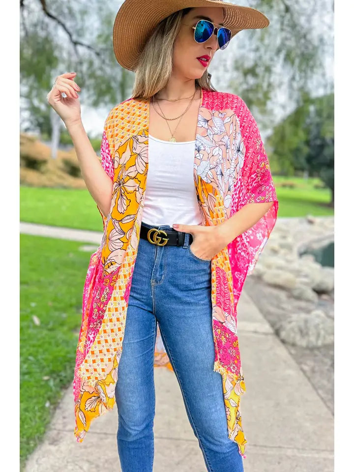 Multi Patchwork Printed Kimono Cover Up