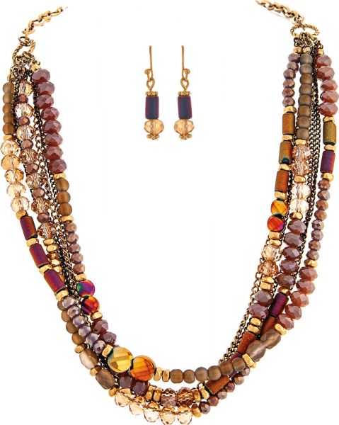 Gold Pink Red Mix Bead Necklace Set