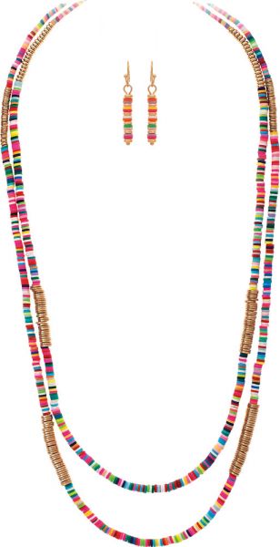 Multi Faux Heishe Bead Two Row Necklace Set