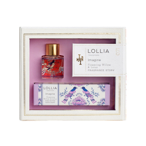 The Margot Elena Imagine Fragrance Story Gift Set is a chic duo featuring a petite Eau de Parfum and a Shea Butter Handcreme, both encapsulating the exquisite "Imagine" fragrance. This floral scent combines notes of Flowering Willow, Lotus, Orchid, Rice Flower, Coconut Milk, Mandarin, and Jasmine, offering a sophisticated aroma. Front