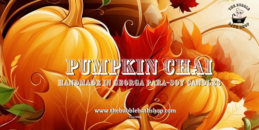 Pumpkin Chai para-soy candle by The Bubble Bath Shop with vanilla scent, featuring a cozy, warm glow and autumn-inspired design.